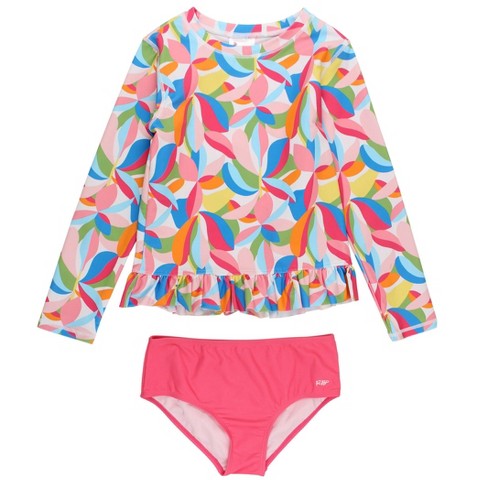 RuffleButts Girls Tween Long Sleeve Rash Guard 2-Piece Bikini Swimsuit - Tropical Adventure, 10