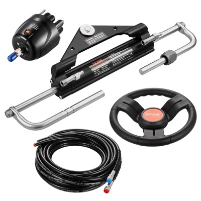 VEVOR 150HP Hydraulic Outboard Steering Kit, with 13.5-inch Steering Wheel, Helm Pump, Hydraulic Cylinder & 2PCS 26FT Hoses, Silver & Black