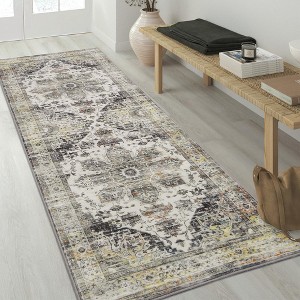 Vintage Persian Distressed Area Rug Washable Medallion Print Carpet - 1 of 4