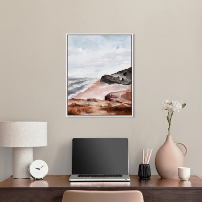 Coastal Watercolor Landscape Canvas Art with White Frame, 21" x 25"