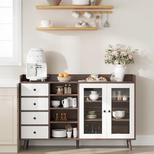 Farmhouse Coffee Bar Cabinet with Storage, 55" Kitchen Buffet Cabinet Sideboard with Glass Doors Open Shelves, Wood Sideboard Cabinets Storage - 1 of 4