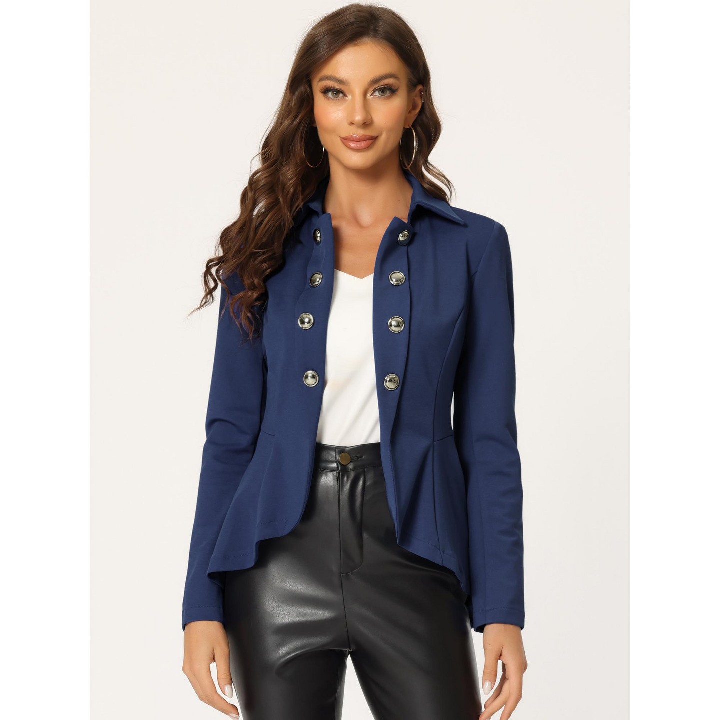 Женская куртка INSPIRE CHIC Open Front Decor Buttons High Low Hem Steampunk Gothic Jacket Large Dark Blue, цвет: Тёмный синий — фото 3