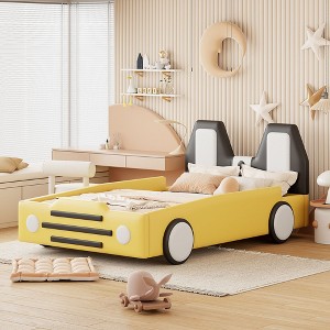 Okak Twin Platform Bed Frame with Wheels Upholstered Headboard Car-Shaped Bed with Rails for Kids Strong Wood Slats Easy Assembly, Yellow - 1 of 4