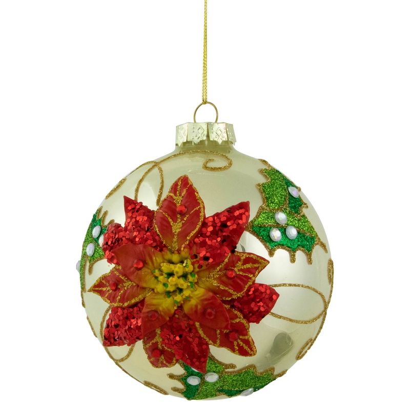 Northlight 4" Red Glittered 2-D Poinsettia Glass Christmas Ball Ornament, 1 of 6