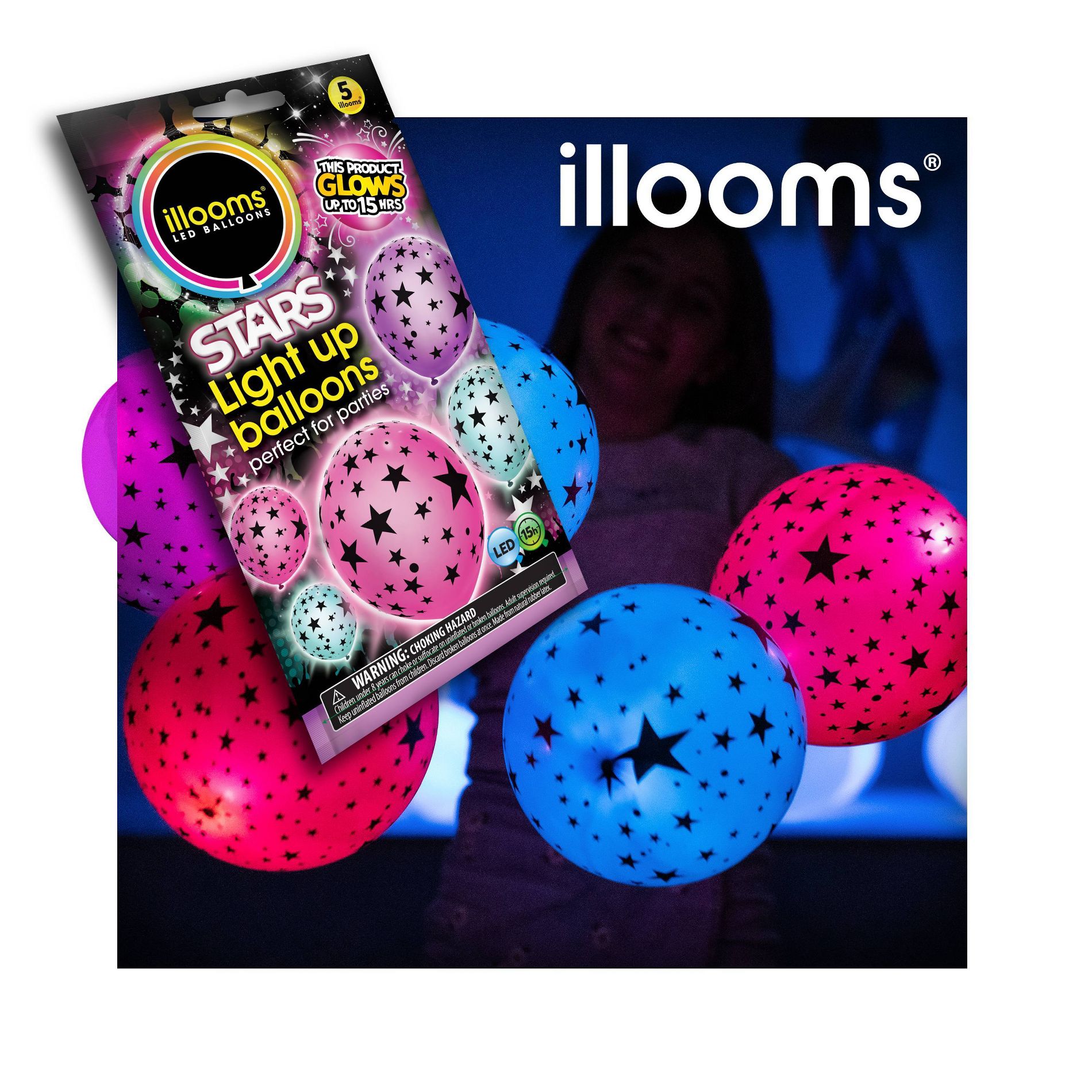 5ct illooms LED Light Up Mixed Solid Stars Balloon: Multicolor Latex for Kids' Birthday Party, Outer Space Theme