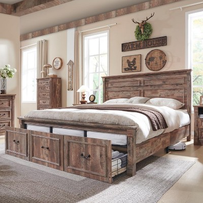 SinCiDo King Size Bed Frame with Headboard, Farmhouse Wood Platform Bed Frame with 3 Drawers, No Box Spring Needed