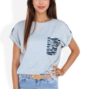 Anna-Kaci Women's Short Sleeve Top with Rolled Cuffs and Zebra Print Front Pocket Detail - 1 of 4