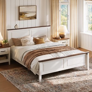 Wood Queen Bed Frame with Headboard and High Footboard, Farmhouse Style - 1 of 4