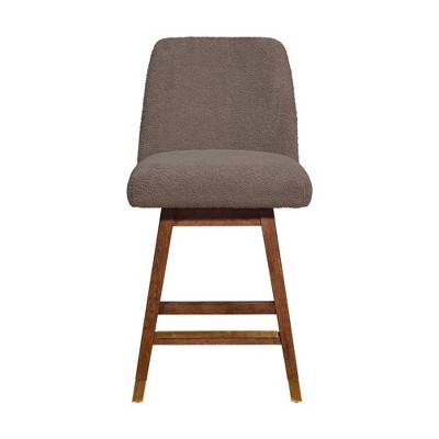 Brown Oak Wood Swivel Counter Stool with Taupe Boucle Fabric
