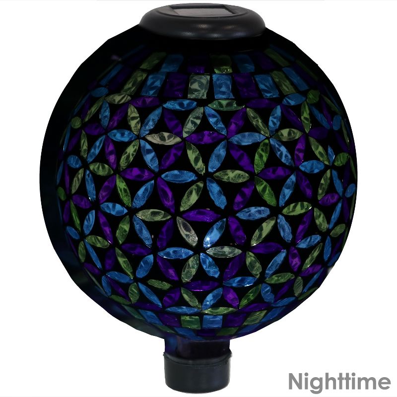 Sunnydaze Blue Cool Blooms Glass Mosaic Indoor/Outdoor Gazing Globe with Solar Light - 10" Diameter - Blue and Green, 4 of 10