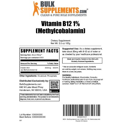 BulkSupplements Vitamin B12 (1% Methylcobalamin) Powder