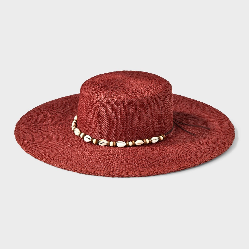 Straw Wide Brim Boater Hat with Shell Detail - Universal Thread™ Burgundy