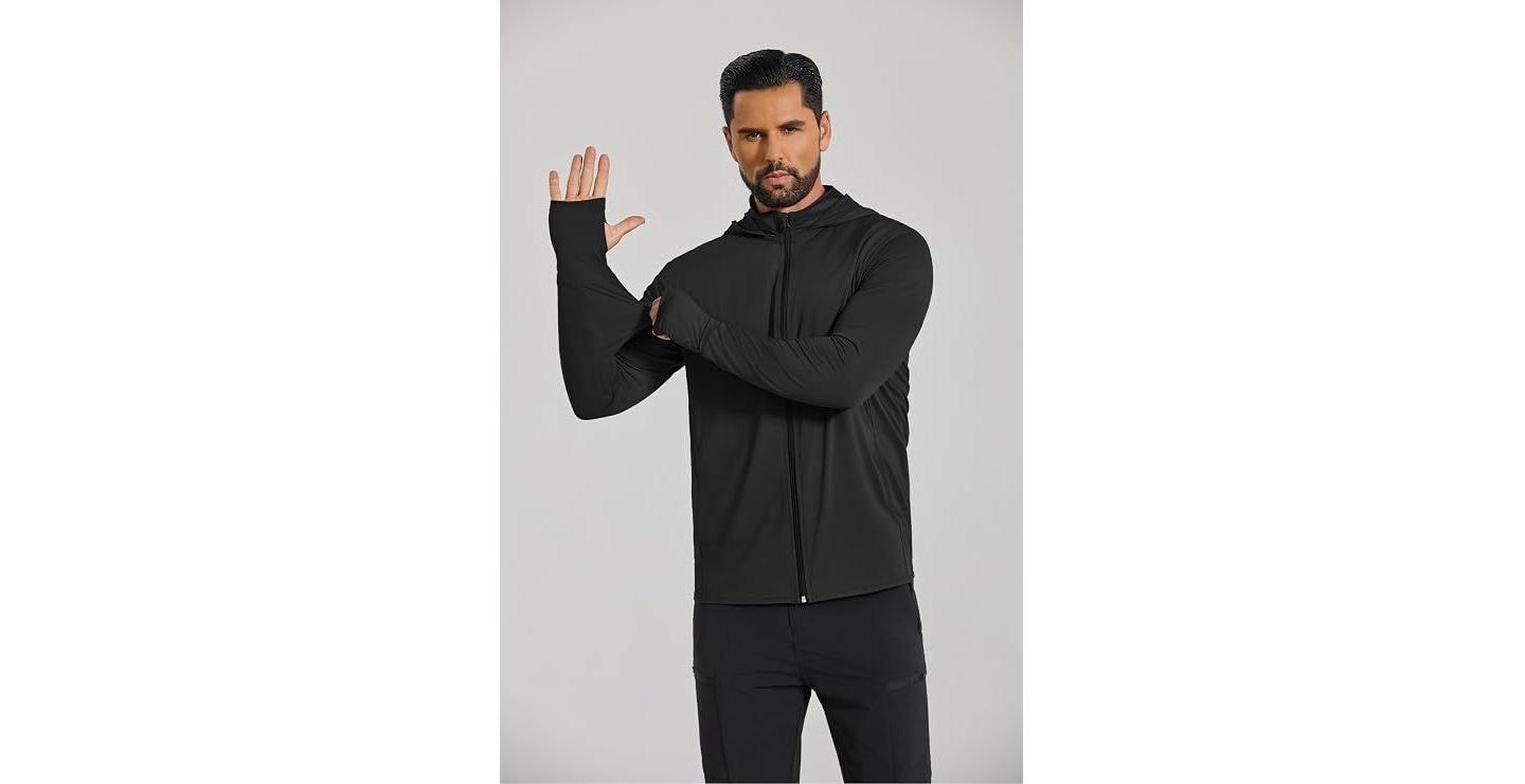 Мужские худи COOFANDY Men' s UPF 50 Light Jacket Full Zip Sun Protection Long Sleeve Sun Shirts UV Fishing Hiking Athletic Running Black, цвет: Чёрный — фото 3