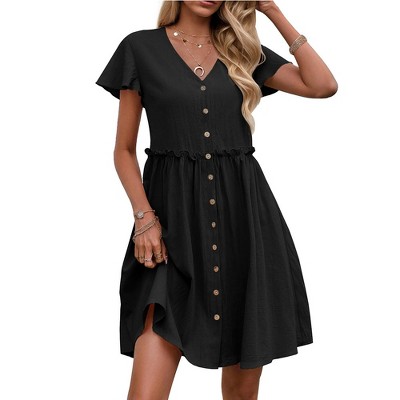 Womens Summer Casual Dress Button Down V Neck A Line Dress Ruffle Flowy Smocked Dress Short Sleeve Flared Dress