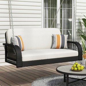 ELJGET 2-Seat Porch Swing Bench Patio Swing Chair with 2 Hanging Chains for Backyard, Beige Cushions - 1 of 4