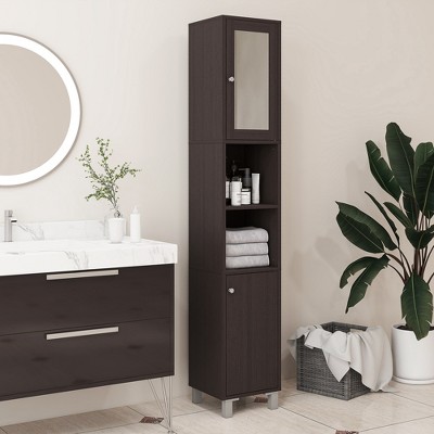 Espresso Tall Wooden Cabinet with Adjustable Shelving and Mirror