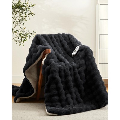 Fluffy Faux Fur Bubble Heated Throw Blanket, Ultra Soft Electric Blanket with 4 Heat Levels, 4/8 Hours Auto-Off, Cozy Home Gift