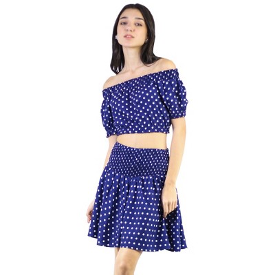 Artyska Women's Polka Dot Off Shoulder Crop Top Short Skirt 2 Piece Set