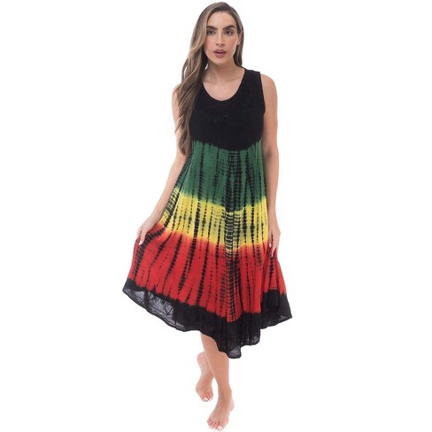 Riviera Sun Womens Tie Dye Summer Dress - Beach Cover Up with Embroidery - Rasta Color Dresses for Women  - Red Green Yellow Black - image 1 of 3