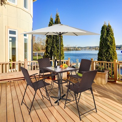 Costway 5PC Rattan Patio Furniture Set 4 Bar Stool Folding Chair + Bar Table W/Glass Top