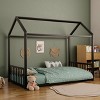 Twin/Full Size Montessori Metal Floor Bed Frame, House Shaped Platform Bed with Vertical Safety Guardrails for Kids/Toddlers - ModernLuxe - 3 of 4