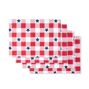 MARTHA STEWART Americana Star Gingham Plaid Indoor Placemat 4-Pack Set, Reversible, Patriotic USA America Decor, Red/White/Blue, 14"x72" - 1 of 4