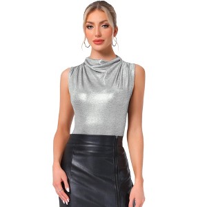 INSPIRE CHIC Women's Metallic Cowl Neck Ruched Sleeveless Party Shiny Blouse - 1 of 4