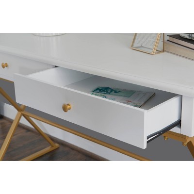 Trestle-Style White and Brass 2-Drawer Campaign Desk