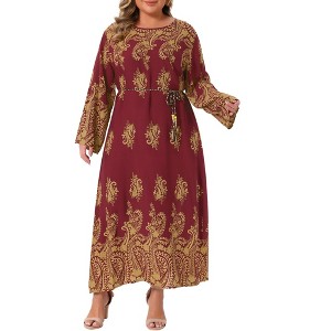 Agnes Orinda Women's Plus Size Boho Pattern Crew Neck Long Sleeve Flowy Casual A Line Maxi Dress with Belt - 1 of 4