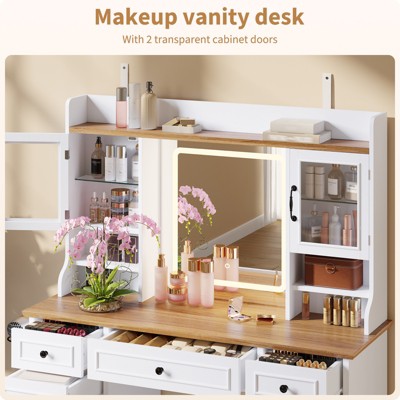 Makeup vanity desk with two transparent cabinet doors and central mirror