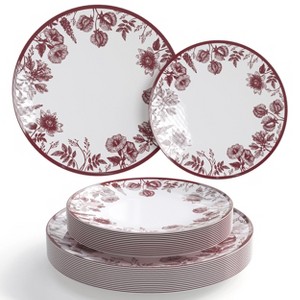 Trendables Plastic Disposable Plate Set 8" Dessert Plates & 10" Dinner Christmas Plates Burgundy Plate Vine Floral Disposable Wedding Plate Set - 1 of 4