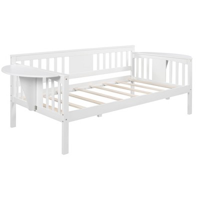 NicBex Twin/Full Size Daybed, Wooden Day Bed With 4 Support Legs, Sofa Bed Frame with Foldable Shelves Safety Guardrail