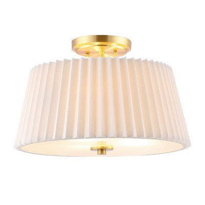 White Pleated Fabric Drum Flush Mount with Brass Gold Accents