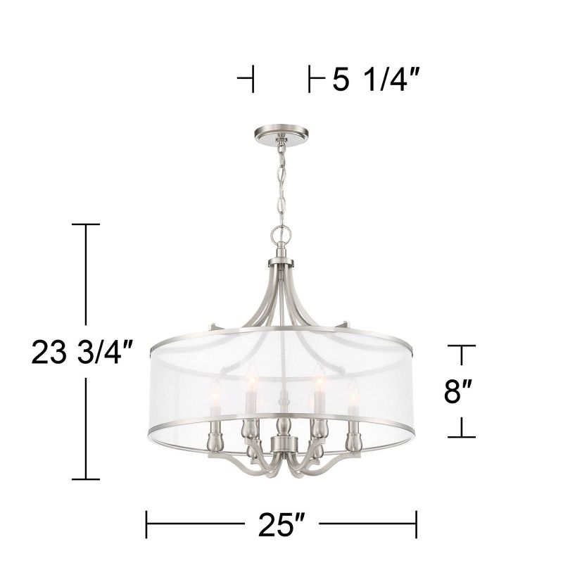 Possini Euro Design Brushed Nickel Drum Pendant Chandelier 25" Wide Modern White Organza Shade 6-Light Fixture Dining Room House, 4 of 10
