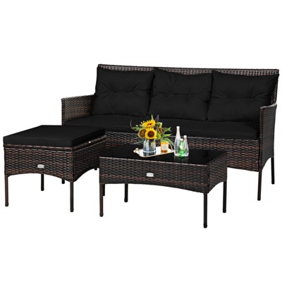 Tangkula Set of 3 3-Seat Sofa Cushioned Table Rattan Furniture Set Garden Patio