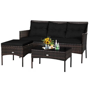 Tangkula Set of 3 3-Seat Sofa Cushioned Table Rattan Furniture Set Garden Patio - 1 of 4