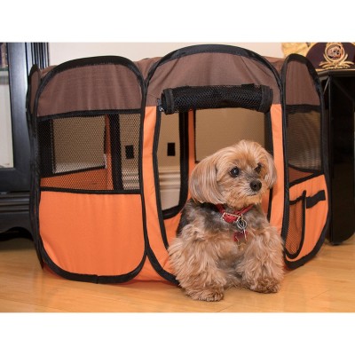 Medium Brown and Orange Metal Frame Collapsible Pet Playpen