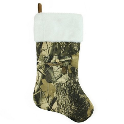 Northlight 21.5" Tree Print Camouflage with Pocket and White Cuff Christmas Stocking