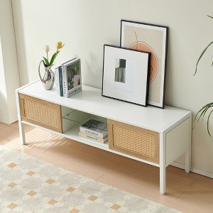 54.33" Rattan TV cabinet with variable color light strip, double sliding doors for storage, adjustable shelf, metal legs, ,natural - 1 of 4