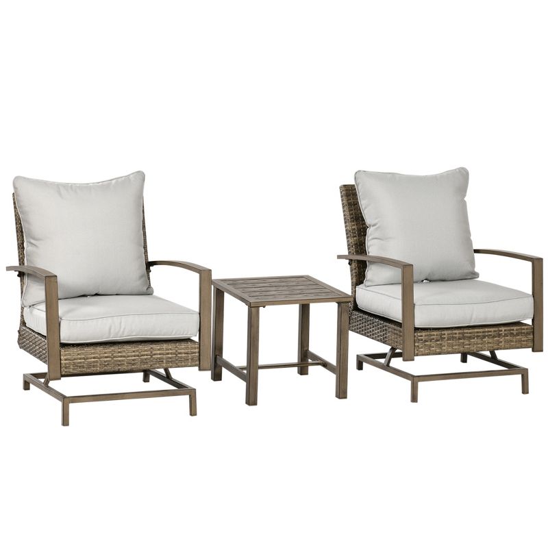 Outsunny 3-Piece Patio Bistro Set, PE Rattan Wicker Outdoor Furniture with Soft Cushions, 2 Rocking Chairs, Slatted Coffee Table, 4 of 7