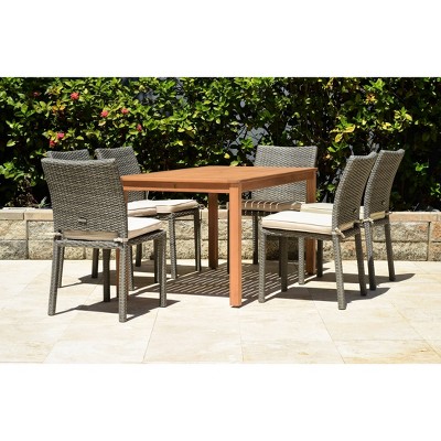 Livorno 7pc Rectangular Teak Finish/Wicker Patio Dining Set - Off-White - Amazonia