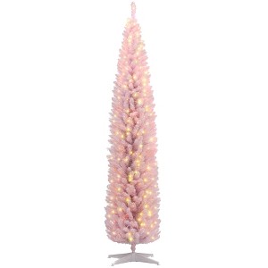 8ft Pencil Christmas Tree, Slim Artificial Christmas Tree with Realistic Branches and Warm White LED Lights - 1 of 4