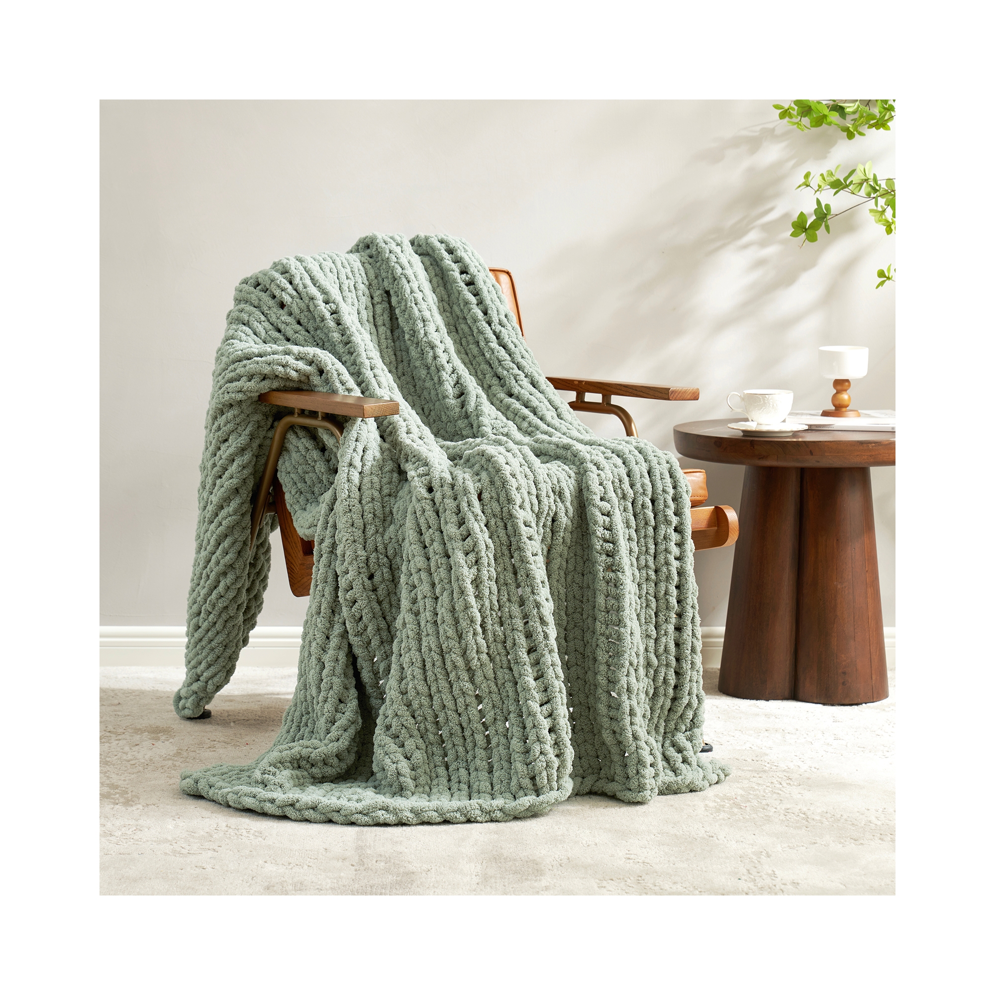 Chunky Knit Handmade Chenille Cable Knitted Crochet Throw Blanket, Sage Green-Amelie Home
