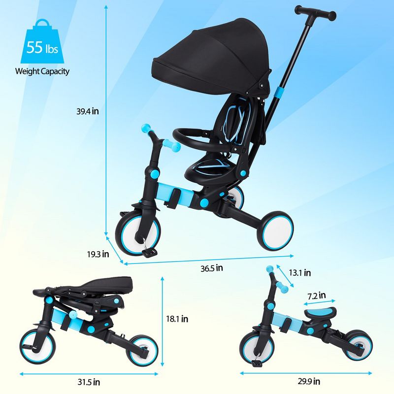 Whizmax 7-in-1 Baby Tricycle, Foldable Toddler Tricycle with Removable and Adjustable Parent Handle, Removable Pedal(Blue), 2 of 8