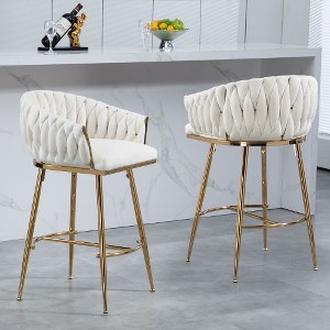 Kumasinova 26" Counter Height Bar Stools Set of 2, Velvet Dining Chair with Hand-Wave Back, Golden Chromed Base & Footrest, Upholstered Counter Stools - 1 of 4
