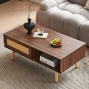 ORRD PE Rattan Coffee Table with Sliding Door, Walnut Color Storage Table with Solid Wood Legs for Living Room, Modern Center Table - 4 of 4