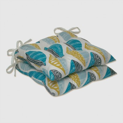 Set of 2 Leaf Block Outdoor/Indoor Tufted Seat Cushions Teal/Citron - Pillow Perfect: Weather-Resistant Patio Furniture Pads