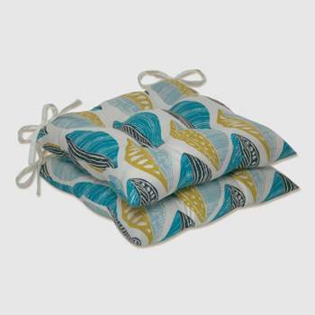 Set of 2 Leaf Block Outdoor/Indoor Tufted Seat Cushions Teal/Citron - Pillow Perfect
