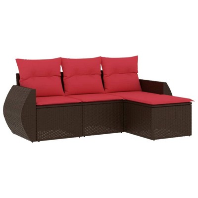 vidaXL Patio Sofa Set with Cushions Outdoor Furniture 4 Piece Poly Rattan - Brown and Red