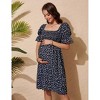 Women's Maternity Dress Square Neck Smocked Waist Puff Sleeve Floral Print Casual Midi Dress - 2 of 4